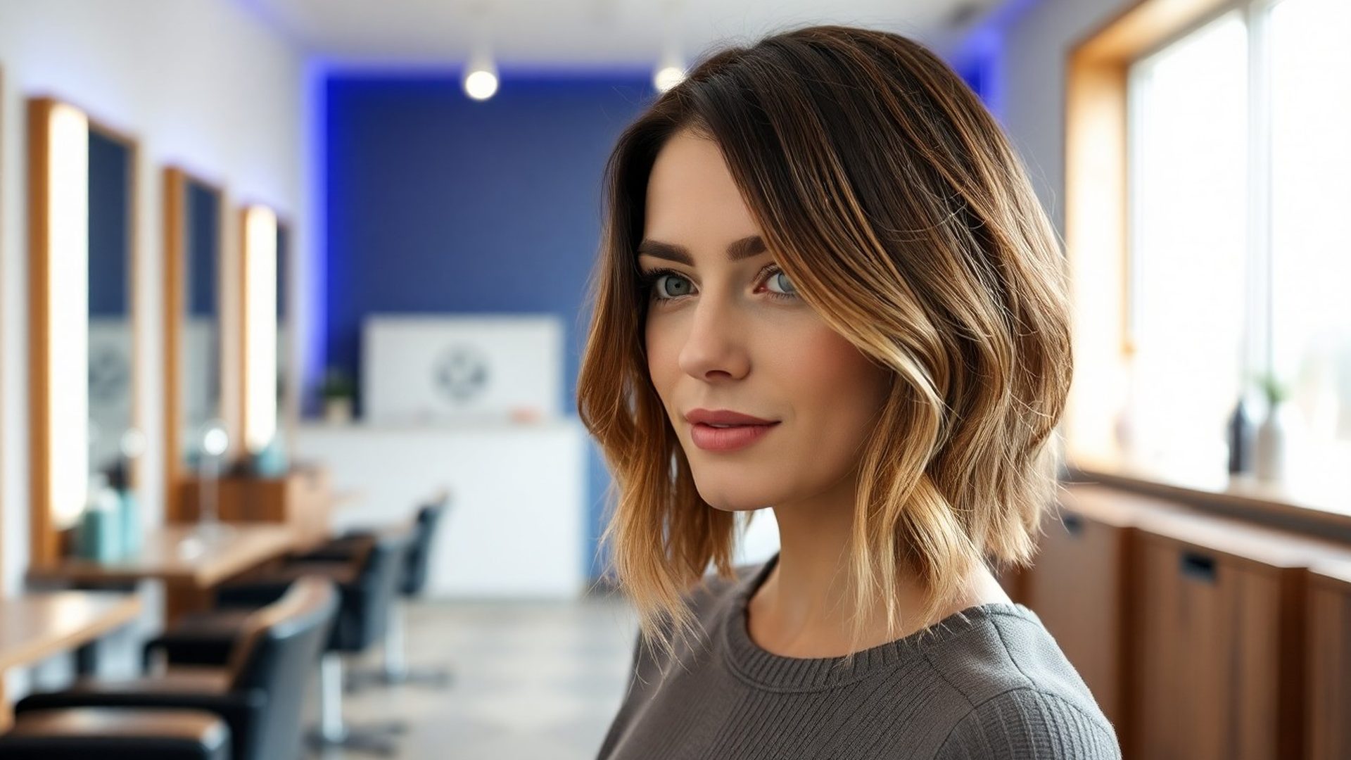A Riverdspark client with a freshly styled balayage bob in the indigo-lit Winnipeg salon