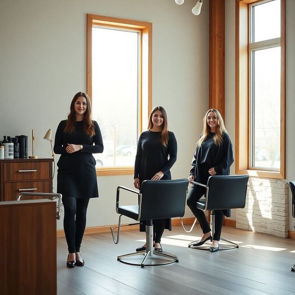 Group portrait of three Riverdspark stylists at their stations in the Winnipeg studio