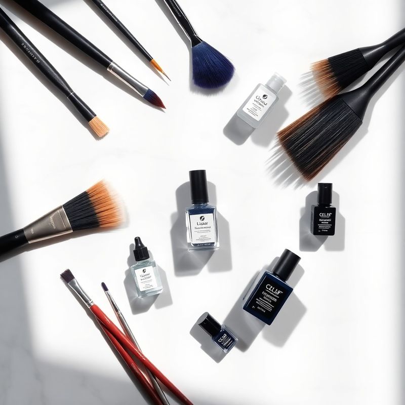 Overhead flat lay of salon tools, foils, skincare vials, and gel polish on a white marble surface