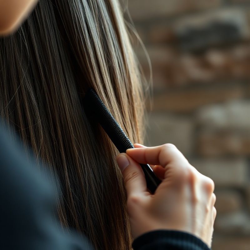Close-up of a stylist's hands sectioning hair with a precision comb during a balayage application