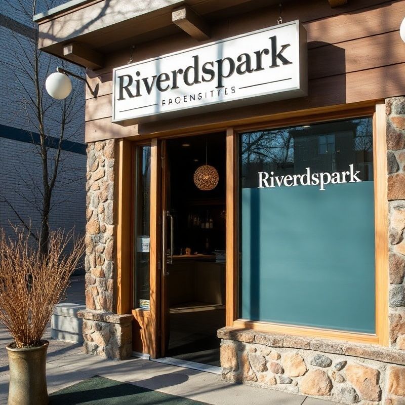 Reception and entrance of the Riverdspark studio on Portage Ave with indigo-tinted interior